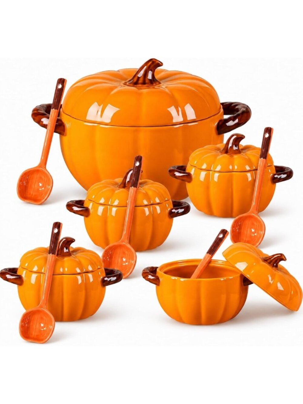 Set of 5 Pumpkin-Shaped Ceramic Bowls with Lids & Spoons for Fall Decor, Baking